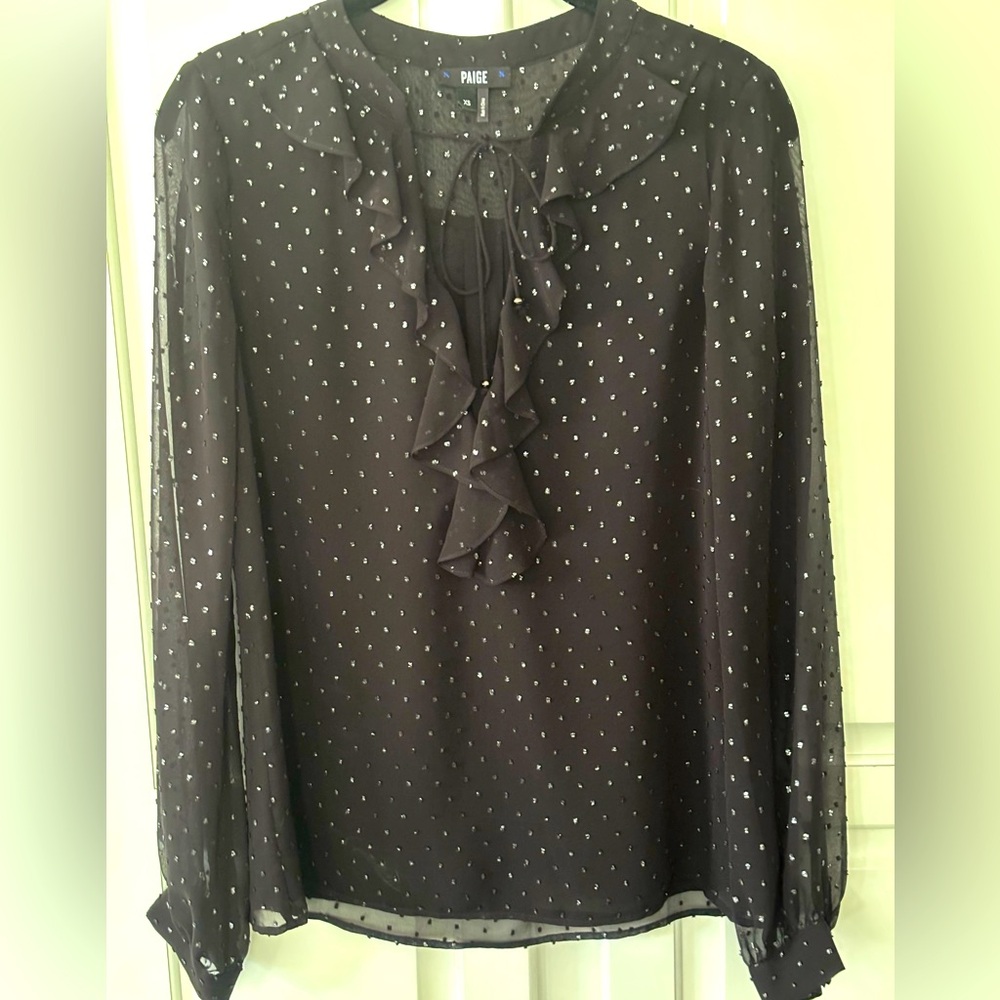 PAIGE Black Sheer Ruffled Blouse with Silver Polka Dots Size XS
